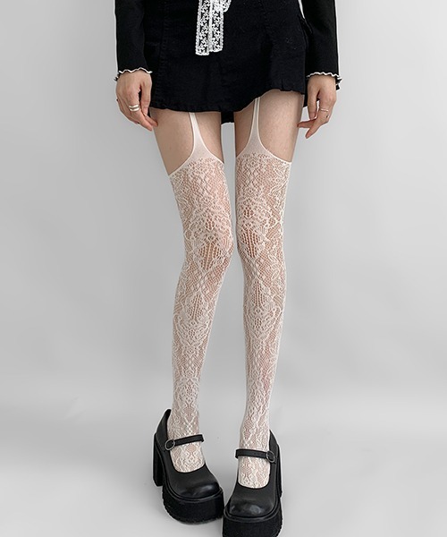 80. 新品  超稀少 網タイツ・白花柄・リボン　サルートガーターストッキング c.u.l タイツ 花柄 レース ガーター風 網タイツ ストッキング cula1208