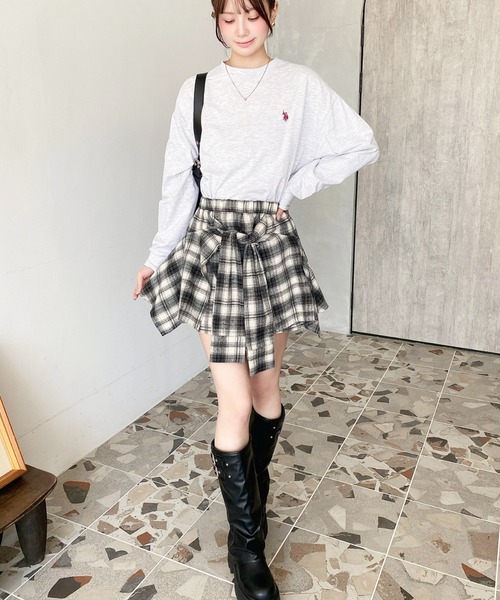 moment+ パンツ ラップスカート風チェック柄ショートパンツ レディース