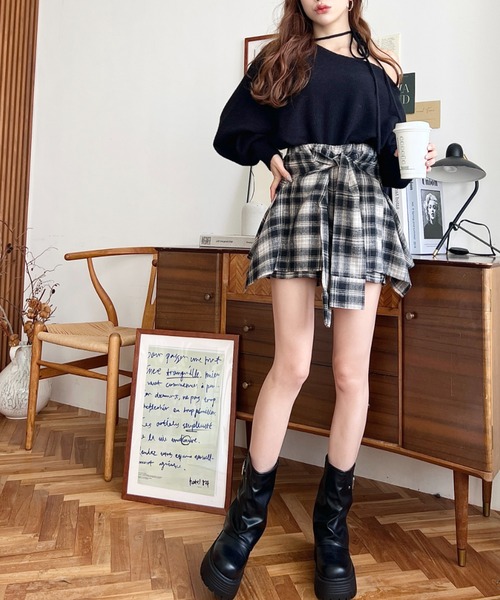 moment+ パンツ ラップスカート風チェック柄ショートパンツ レディース