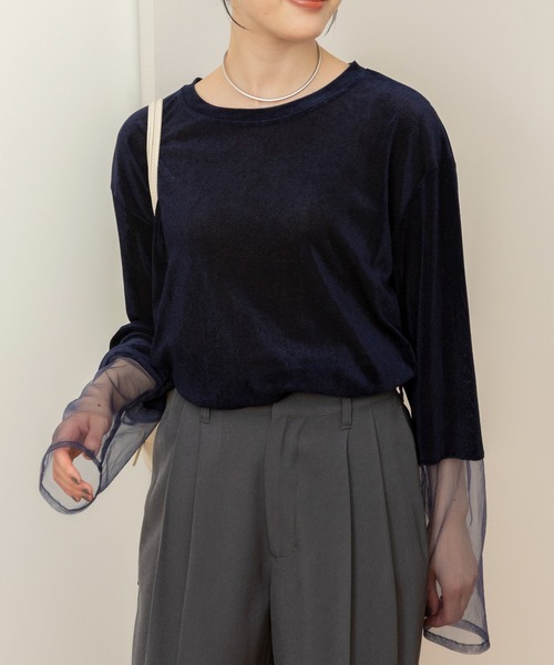 THE CRAFT CREW PRODUCTS tシャツ 袖切り替えシアーベロアトップス