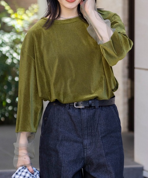 THE CRAFT CREW PRODUCTS tシャツ 袖切り替えシアーベロアトップス