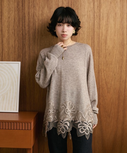 ニット セーター botanical embroidery lace knit pullover