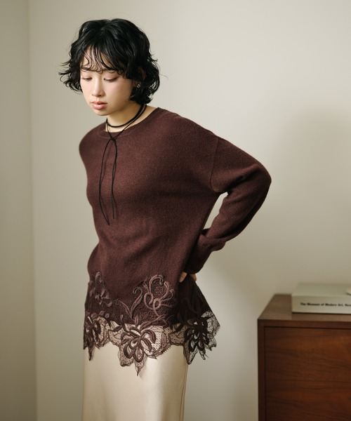 ニット セーター botanical embroidery lace knit pullover