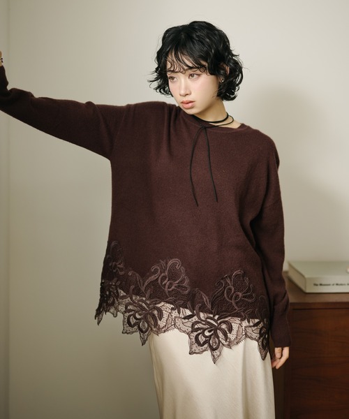 ニット セーター botanical embroidery lace knit pullover