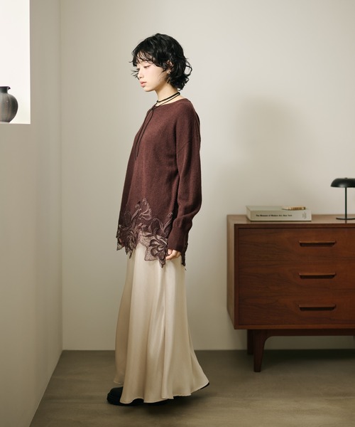 ニット セーター botanical embroidery lace knit pullover