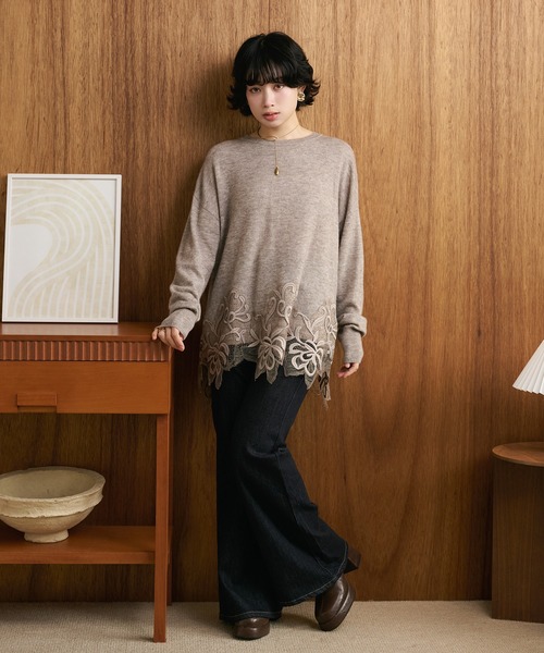 ニット セーター botanical embroidery lace knit pullover
