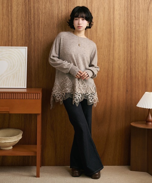 ニット セーター botanical embroidery lace knit pullover