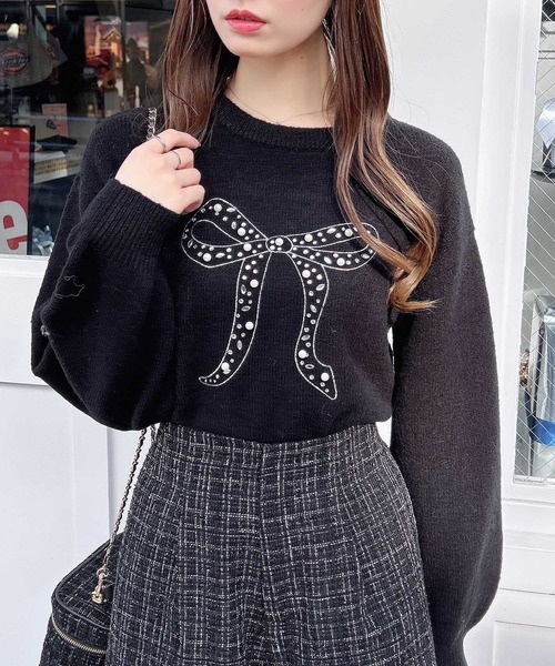 INGNI（イング） ニット セーター リボン×ビジューもちもちニット