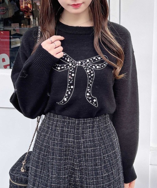 INGNI（イング） ニット セーター リボン×ビジューもちもちニット