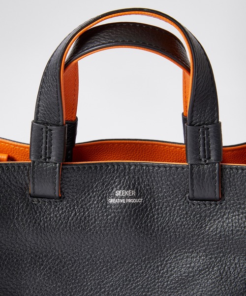 SEEKER レザー本革ミニトートバッグ 黒/オレンジ　ショルダー可能 UNION STATION（ユニオンステーション） トートバッグ 「SEEKER」別注