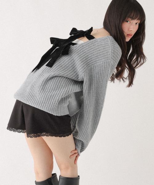 Heather（ヘザー） ニット セーター ベロアリボンチュニックニット