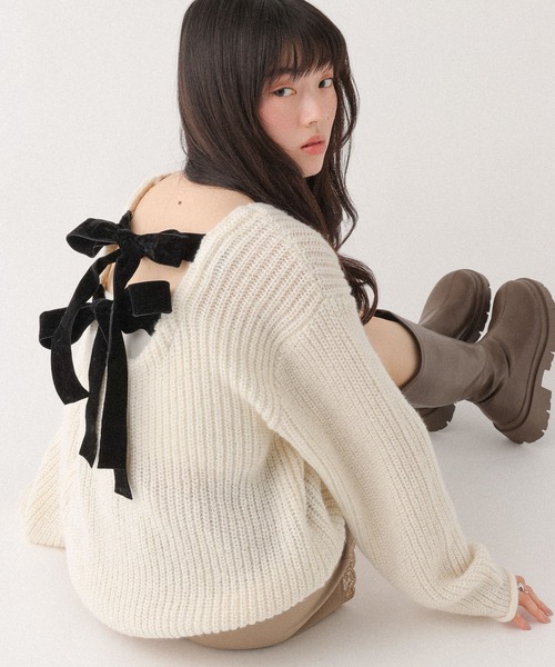 Heather（ヘザー） ニット セーター ベロアリボンチュニックニット