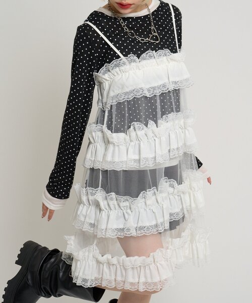 w closet レースティアードミニキャミワンピ(ホワイト) w closet（ダブルクローゼット） ブラウス シャツ レースティアード