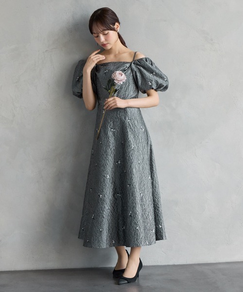 パーティードレス ドレス 3WAYスリーブフラワー刺繍ジャカードフィット＆フレアパーティードレス　結婚式　お呼ばれ　ドレス　20代 30代の画像