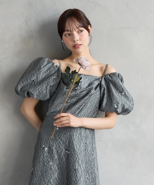 パーティードレス ドレス 3WAYスリーブフラワー刺繍ジャカードフィット＆フレアパーティードレス　結婚式　お呼ばれ　ドレス　20代 30代の画像