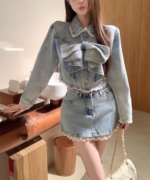FAVORITO セットアップ デニムリボンタイトップスショートスカート
