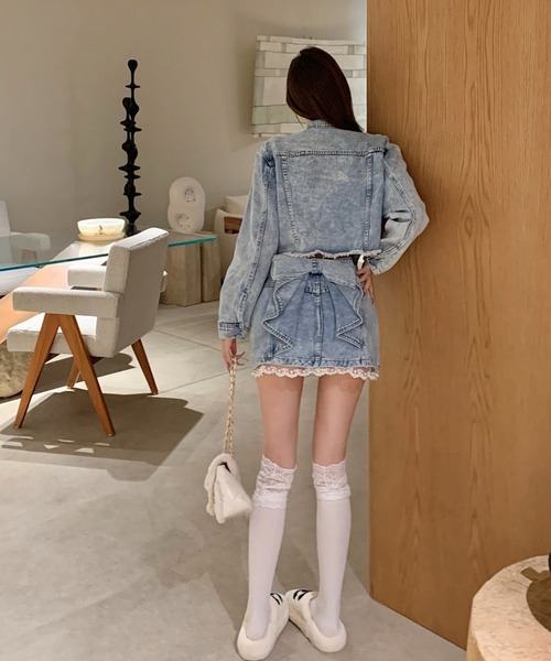 FAVORITO セットアップ デニムリボンタイトップスショートスカート