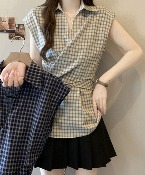 2ly2 ブラウス シャツ チェックブラウス ノースリーブ ラップ風 