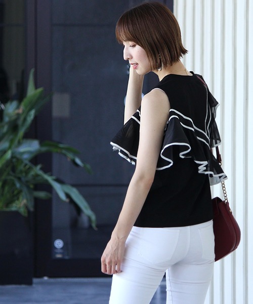 ElegChic tシャツ Tシャツ バイカラーフリルトップス レディース