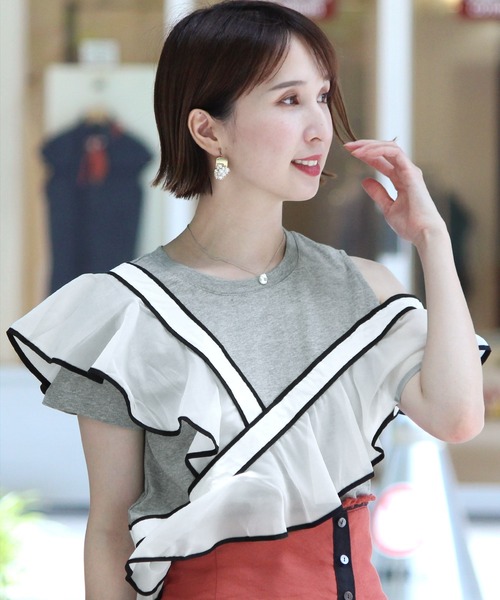 ElegChic tシャツ Tシャツ バイカラーフリルトップス レディース