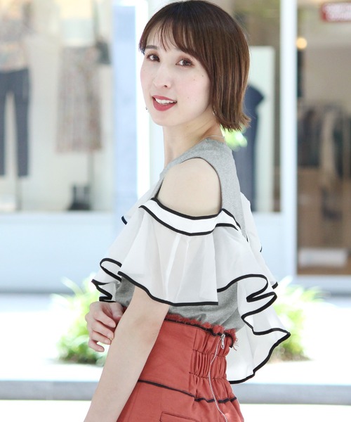 ElegChic tシャツ Tシャツ バイカラーフリルトップス レディース