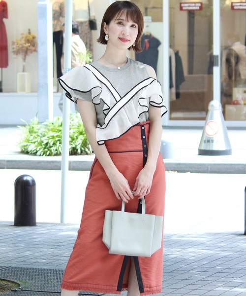 ElegChic tシャツ Tシャツ バイカラーフリルトップス レディース