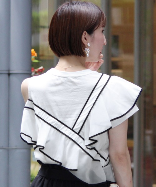 ElegChic tシャツ Tシャツ バイカラーフリルトップス レディース