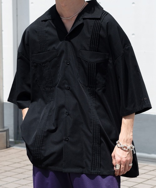 QTUME 完売 黒 ダブルシャツジャケット 半袖 洗える オーバーサイズ Perushu シャツ 半袖 ダブルポケット開襟キューバシャツ メンズ
