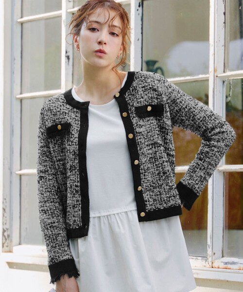 ダイアグラム 24AW ツイードニットカーディガン 長袖 クルーネック 36 黒 SOLD}グレースコンチネンタル｜GRACE CONTINENTAL ダイアグラム