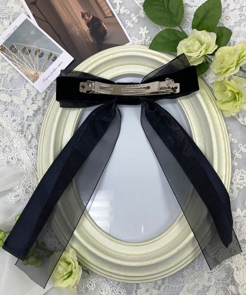 DiamondHearts ヘアクリップ ベロアとオーガンジーのダブルリボンヘア  