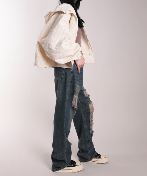 ダメージ デニム ワイドパンツ ウォッシュ ジーンズ ストリート ワンフォークロージング 1111clothing ◇ワイドバギー