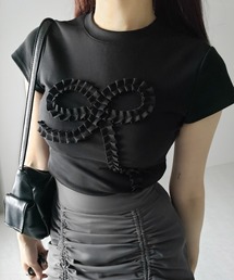 黒 ストライプ リボン 半袖Tシャツ sho-342342-90.jpg