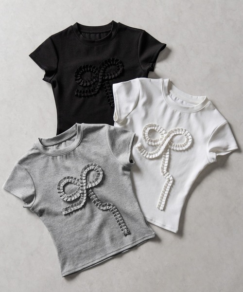 tシャツ FRILL RIBBON TEE/フリルリボンTシャツ レディース me+em select tシャツ 「 3color 」フリルリボンモチーフスリム
