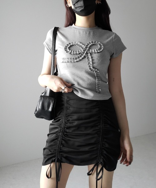 tシャツ L3 RIBBON T-SHIRT レディース me+em select tシャツ 「 3color 」フリルリボンモチーフスリム