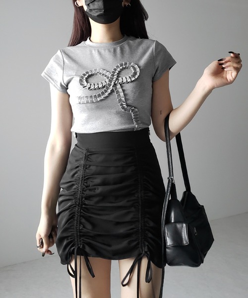 tシャツ L3 RIBBON T-SHIRT レディース me+em select tシャツ 「 3color 」フリルリボンモチーフスリム