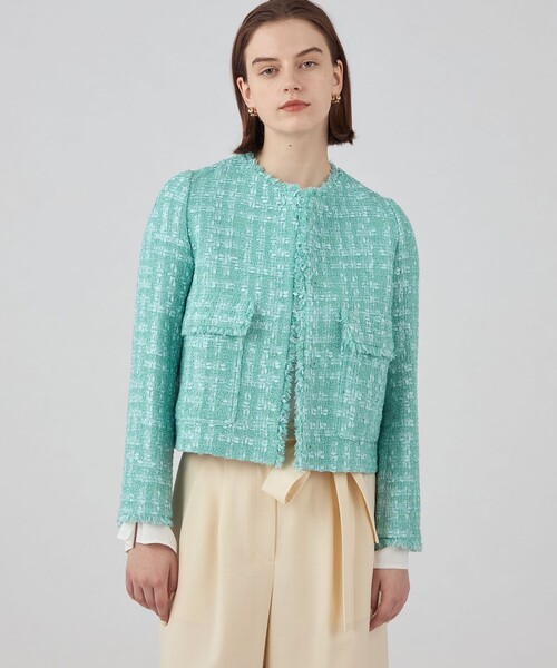 ノーカラーツイードジャケット ミントグリーン ツイードジャケット