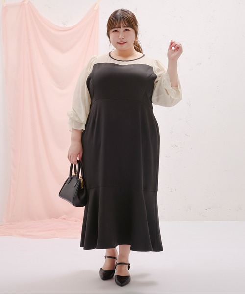 ルオシー　シアー切り替えマーメイドワンピース　オケージョン　ワンピース　黒　4L Louiosy（ルオシー） ワンピース 「大きいサイズ」シアー切り替え