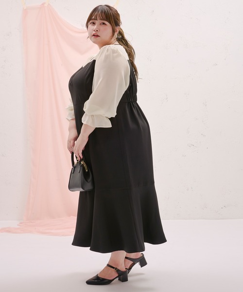 大きいサイズ レディース ワンピース　シアー　異素材　春夏 秋 新品 長袖 Louiosy ワンピース 「大きいサイズ」シアー切り替えマーメイド