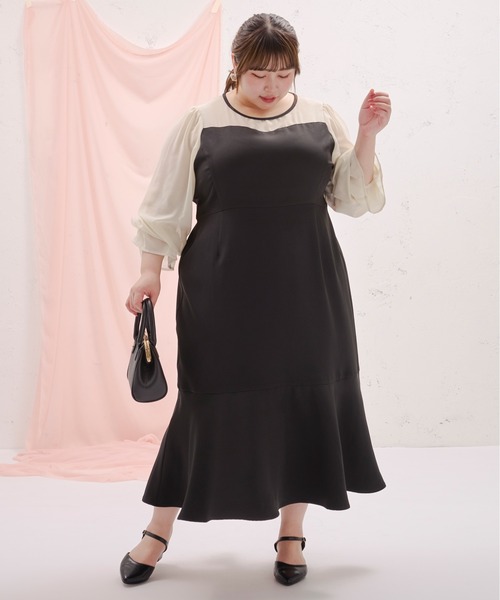 Louiosy ワンピース 「大きいサイズ」シアー切り替えマーメイド
