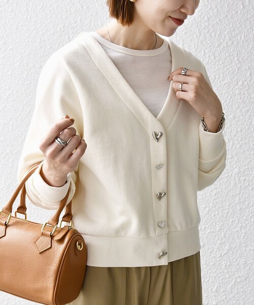 SHIPS for women / シップスウィメン SHIPS any:〈手洗い可能〉裏起毛 ハート ビジュー Vネック スウェット カーディガン SHIPS any:〈手洗い可能〉裏起毛 ハート ビジュー Vネック