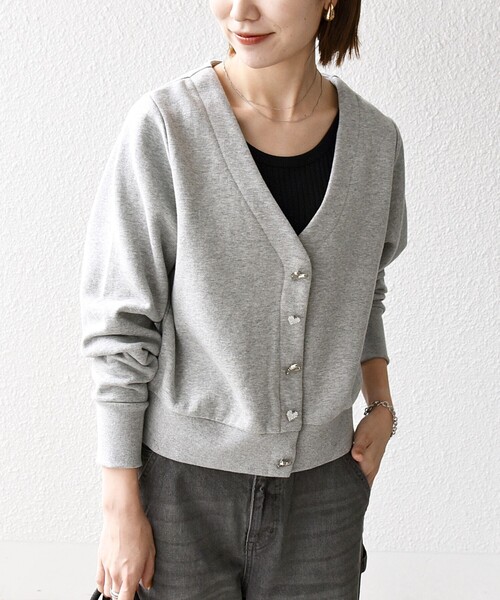 SHIPS for women / シップスウィメン SHIPS any:〈手洗い可能〉裏起毛 ハート ビジュー Vネック スウェット カーディガン SHIPS any カーディガン any:「手洗い可能」裏起毛 ハート