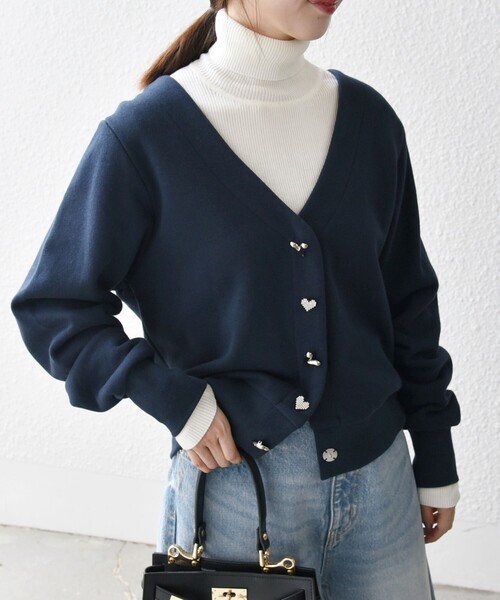SHIPS for women / シップスウィメン SHIPS any:〈手洗い可能〉裏起毛 ハート ビジュー Vネック スウェット カーディガン SHIPS any カーディガン any:「手洗い可能」裏起毛 ハート