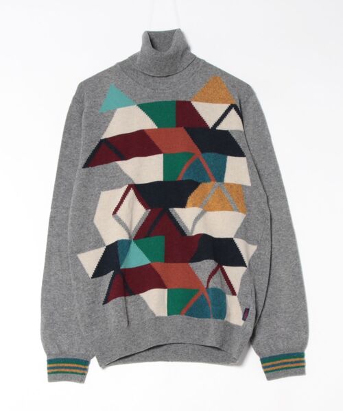 セーター ニット 「BOB」 PETS フロントパネル柄タートルネックニット