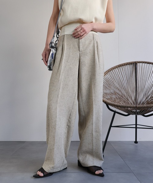 【新品】タックパンツ レディース セットアップ パンツ ブルー 水色 M L 春 ap retro パンツ 「セットアップ対応」麻ライクタックワイド