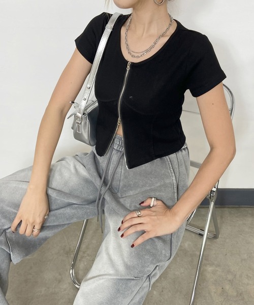non-hedge tシャツ フロントダブルジップショート丈トップス