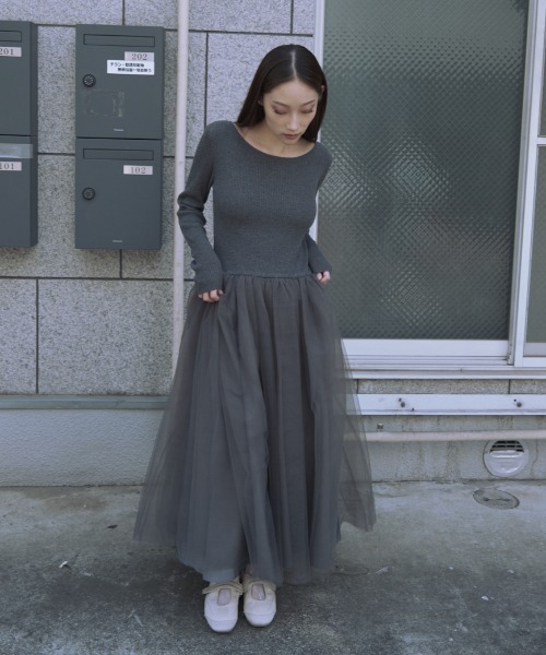ハニーミーハニー リボンニット グレー HONEY MI HONEY（ハニーミーハニー） ワンピース rib knit volume