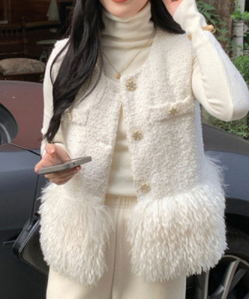 deux amour ベスト ジレ 裾ファーツイードベスト レディース