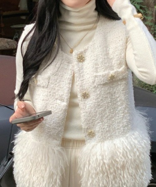 deux amour ベスト ジレ 裾ファーツイードベスト レディース