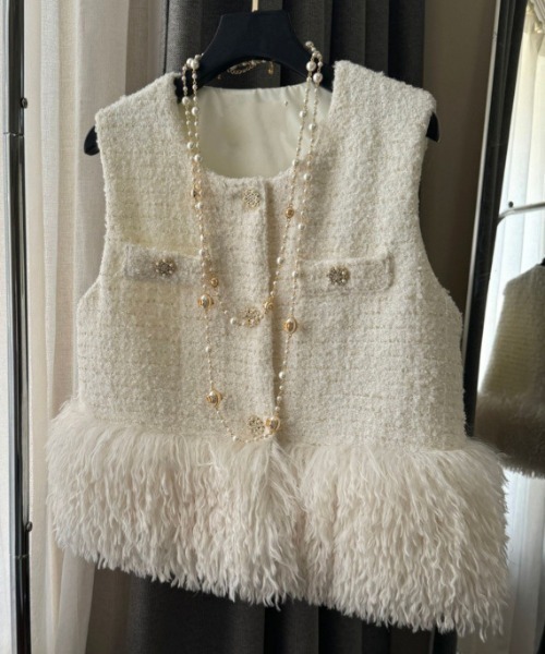 deux amour ベスト ジレ 裾ファーツイードベスト レディース