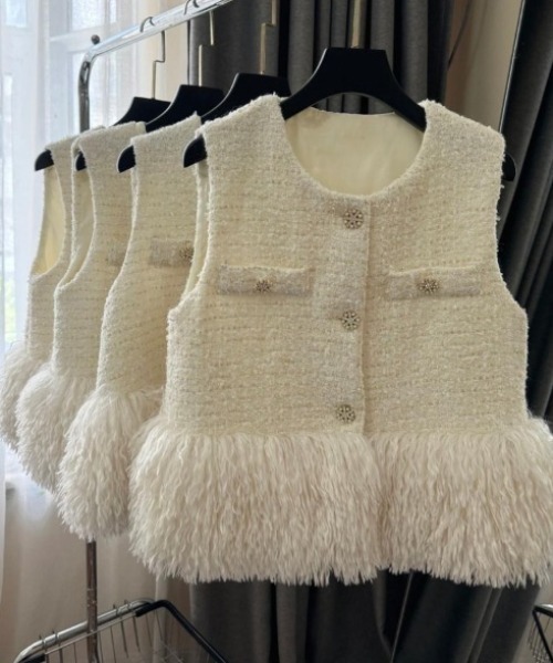 deux amour ベスト ジレ 裾ファーツイードベスト レディース
